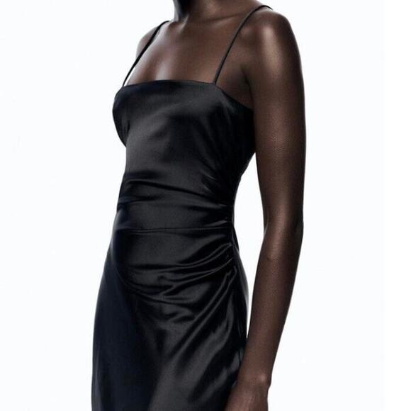 Zara Black Silk Satin Spaghetti Strap Cami Camisole Midi Tank Slip Dress Size M - Picture 5 of 10